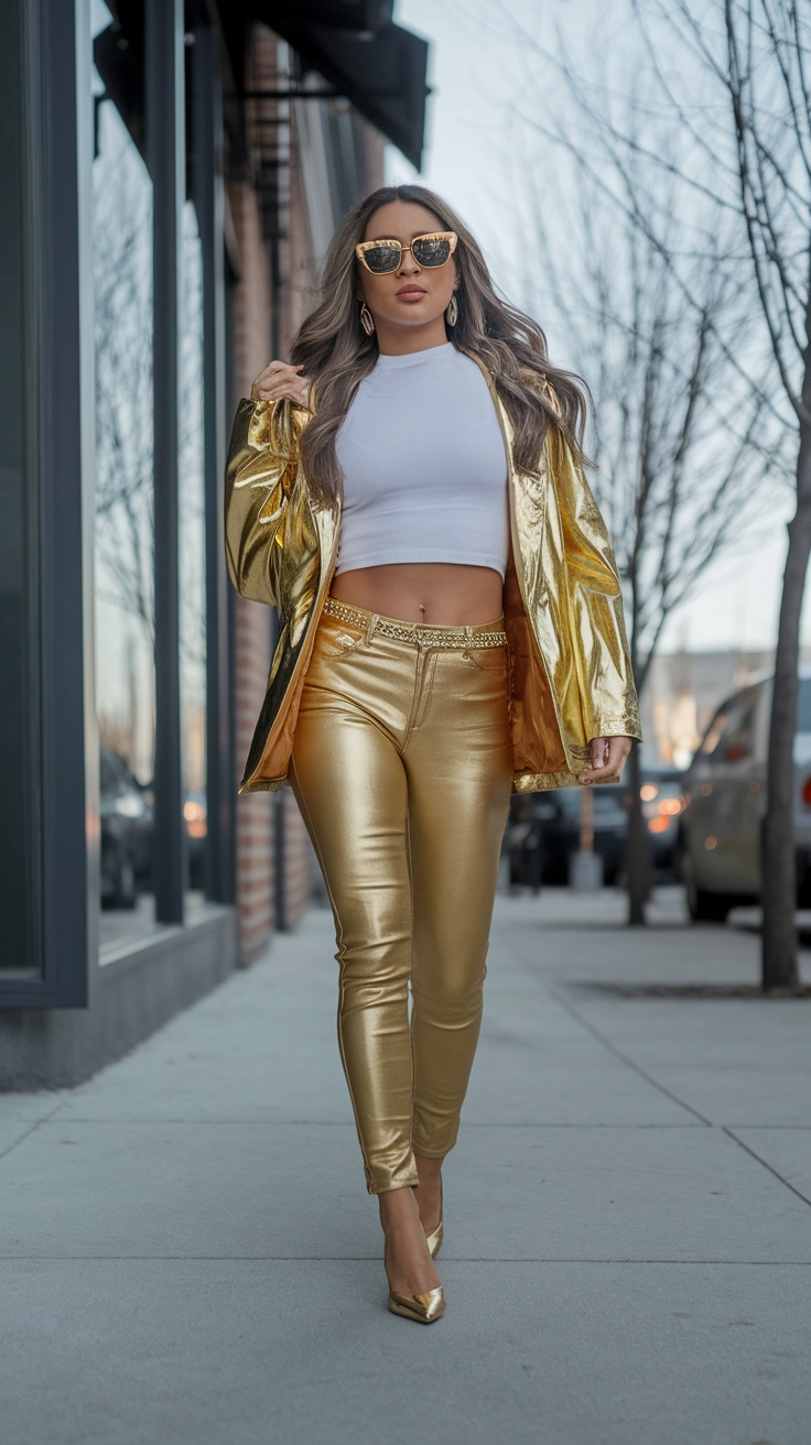 Gold Metallic Jeans Outfit: Shine Bright with Style outfit idea