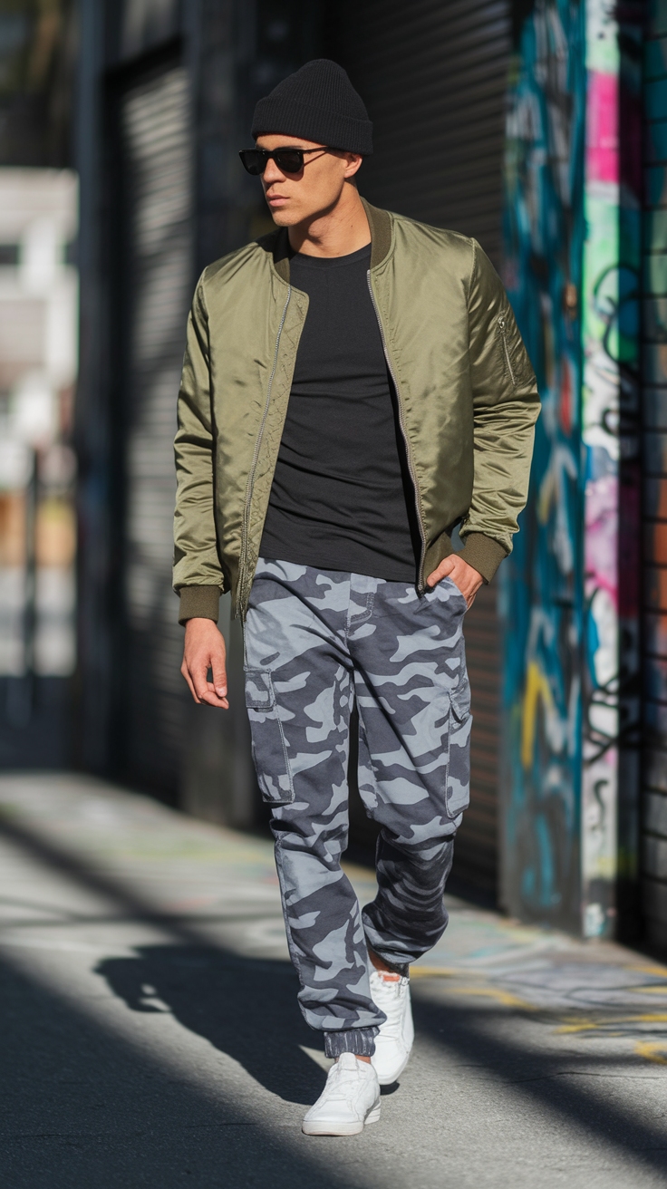 Grey Camo Cargo Pants Outfit for a Casual Edge outfit idea