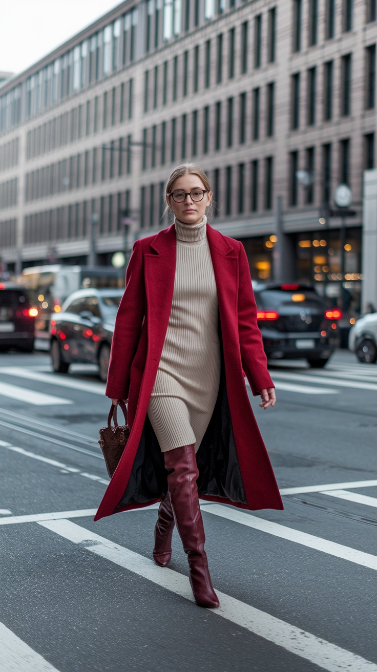 Sleek Long Red Coat Outfit for Winter Fashion outfit idea
