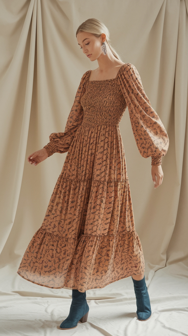 Fashionable Maxi Dresses with Long Sleeves for Fall outfit idea