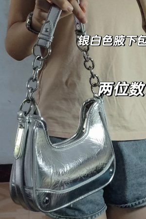 2023 Silver Underarm Bag for Women, Handheld Chain Baguette, Versatile High-End Shoulder Crossbody Bag