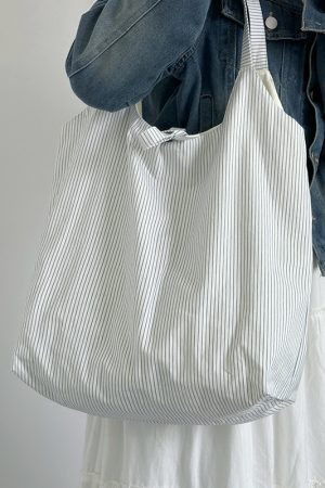 2024 INS-Style Striped Canvas Tote Bag for Women - Large Capacity Underarm Shoulder Bag, Trendy and Chic