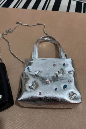 2024 Silver Leather Gemstone Underarm Bag with Diamond Embellishments & Rhinestone Phone Chain - Small Tote Shoulder Bag
