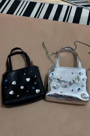 2024 Silver Leather Gemstone Underarm Bag with Diamond Embellishments & Rhinestone Phone Chain - Small Tote Shoulder Bag