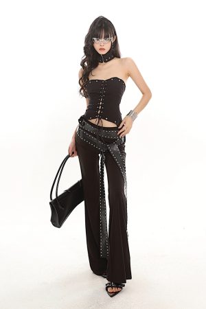 2024 Summer Heavyweight Spicy Girl Studded Waist Elastic Flare Casual Pants - Black Long Pants for Trendy Y2K Style