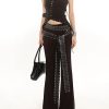 2024 Summer Heavyweight Spicy Girl Studded Waist Elastic Flare Casual Pants - Black Long Pants for Trendy Y2K Style