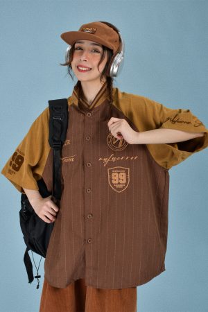 2024 Summer Vintage Knitted Baseball Striped Short Sleeve Cardigan for Men - Trendy Color Block Top