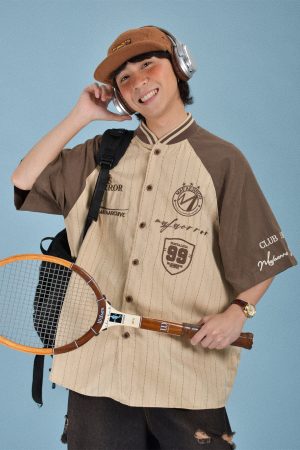 2024 Summer Vintage Knitted Baseball Striped Short Sleeve Cardigan for Men - Trendy Color Block Top