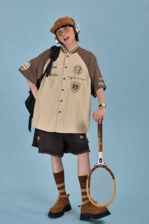 2024 Summer Vintage Knitted Baseball Striped Short Sleeve Cardigan for Men - Trendy Color Block Top