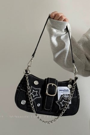 2024 Women's Vintage Denim Shoulder Bag with Chain, Button Detail, Crossbody Design - Trendy Underarm Handbag
