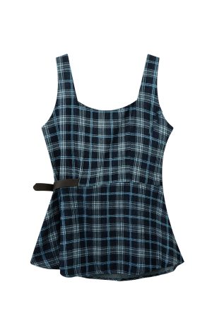 2025 Cowboy Style Dark Blue Denim Plaid Sleeveless Top with Belted Waist for a Slimming Fit