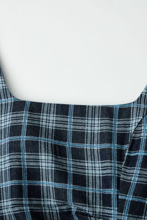 2025 Cowboy Style Dark Blue Denim Plaid Sleeveless Top with Belted Waist for a Slimming Fit