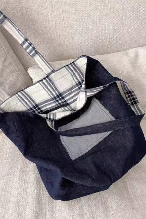 2025 Denim Plaid Spliced Tote Shoulder Bag, Large Capacity Versatile Commute Handbag for Everyday Use