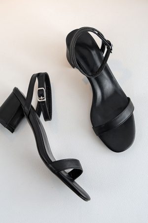 2025 New Style Genuine Leather Black One-Strap Thick-Heeled Sandals for Women - Fairy Mid-Heel Summer Footwear in Large Sizes