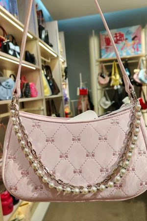 2025 Pink Butterfly Baguette Bag for Women - Pearl Metal Chain, Diamond Pattern, Casual Underarm & Crossbody Style