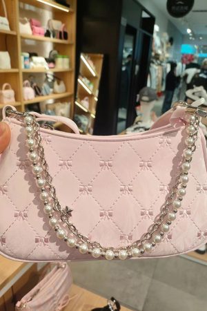 2025 Pink Butterfly Baguette Bag for Women - Pearl Metal Chain, Diamond Pattern, Casual Underarm & Crossbody Style