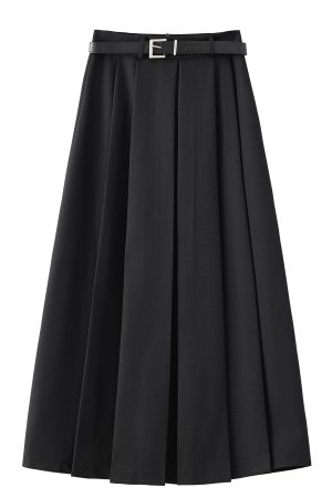 2025 Spring Apricot Pleated Midi Skirt for Women, High-End A-Line Design, Trendy Spring Fashion