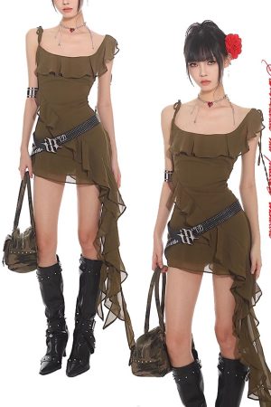 2025 Spring Ruffle Strap Dress for Women - Printed Hot Girl Style, Trendy Vietnam Design, Perfect for Y2K and Niche Fashion