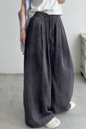 2025 Spring Summer Women's Wide-Leg Pants - Loose Fit, Thin, Slightly Wrinkled, Casual Smoke Color Grapefruit Design