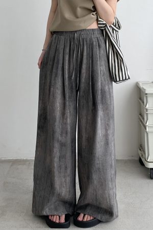 2025 Spring Summer Women's Wide-Leg Pants - Loose Fit, Thin, Slightly Wrinkled, Casual Smoke Color Grapefruit Design