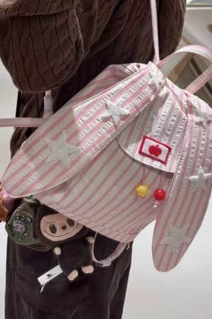 2025 Striped Rabbit Ear Backpack for Women, Large Capacity Commuter Tote Bag, Stylish Student School Bag