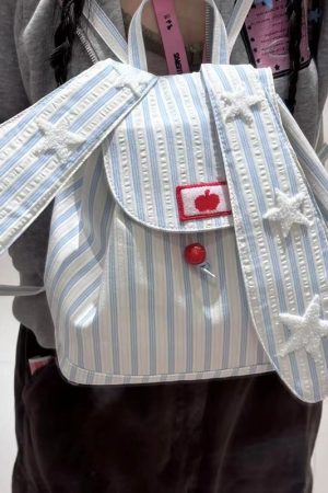 2025 Striped Rabbit Ear Backpack for Women, Large Capacity Commuter Tote Bag, Stylish Student School Bag