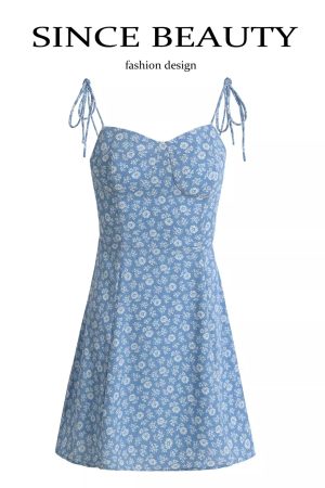 2025 Summer Blue Floral Dress for Petite Women - French-Style Vacation Short Dress