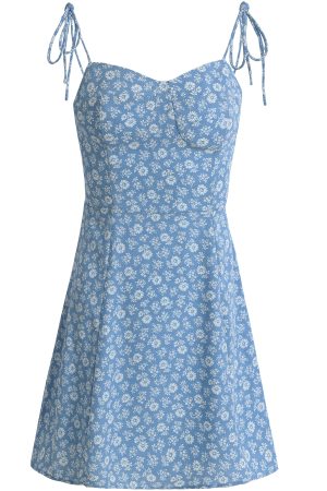 2025 Summer Blue Floral Dress for Petite Women - French-Style Vacation Short Dress