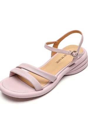2025 Summer Genuine Leather Backless Mid-Heel Open-Toe Sandals for Women with One-Strip Buckle - Comfortable Chic Style