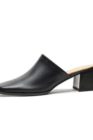 2025 Summer High Heel Chunky Slippers for Women - Square Toe Slip-On Half Slippers in Top Layer Cowhide for Outdoor Style