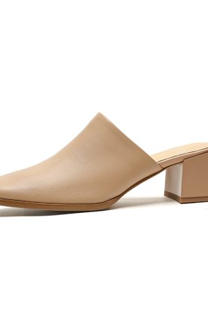 2025 Summer High Heel Chunky Slippers for Women - Square Toe Slip-On Half Slippers in Top Layer Cowhide for Outdoor Style