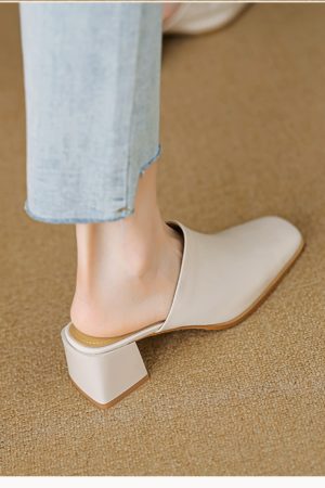 2025 Summer High Heel Chunky Slippers for Women - Square Toe Slip-On Half Slippers in Top Layer Cowhide for Outdoor Style