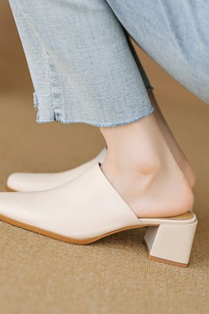 2025 Summer High Heel Chunky Slippers for Women - Square Toe Slip-On Half Slippers in Top Layer Cowhide for Outdoor Style