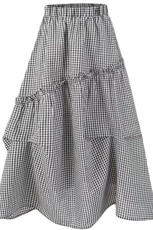 2025 Summer Ruffled Spliced Plaid Mid-Length Skirt with Elastic Waist for Women - Trendy Casual Fashion