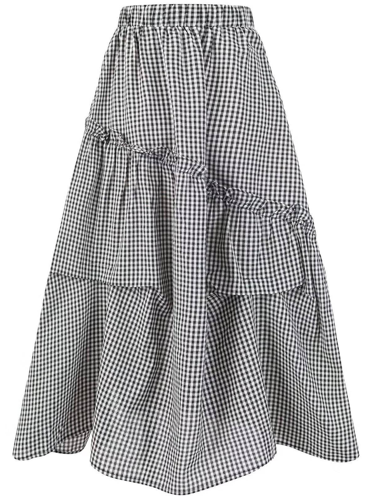 2025 Summer Ruffled Spliced Plaid Mid-Length Skirt with Elastic Waist for Women - Trendy Casual Fashion 2025 Summer Ruffled Spliced Plaid Mid-Length Skirt with Elastic Waist for Women - Trendy Casual Fashion