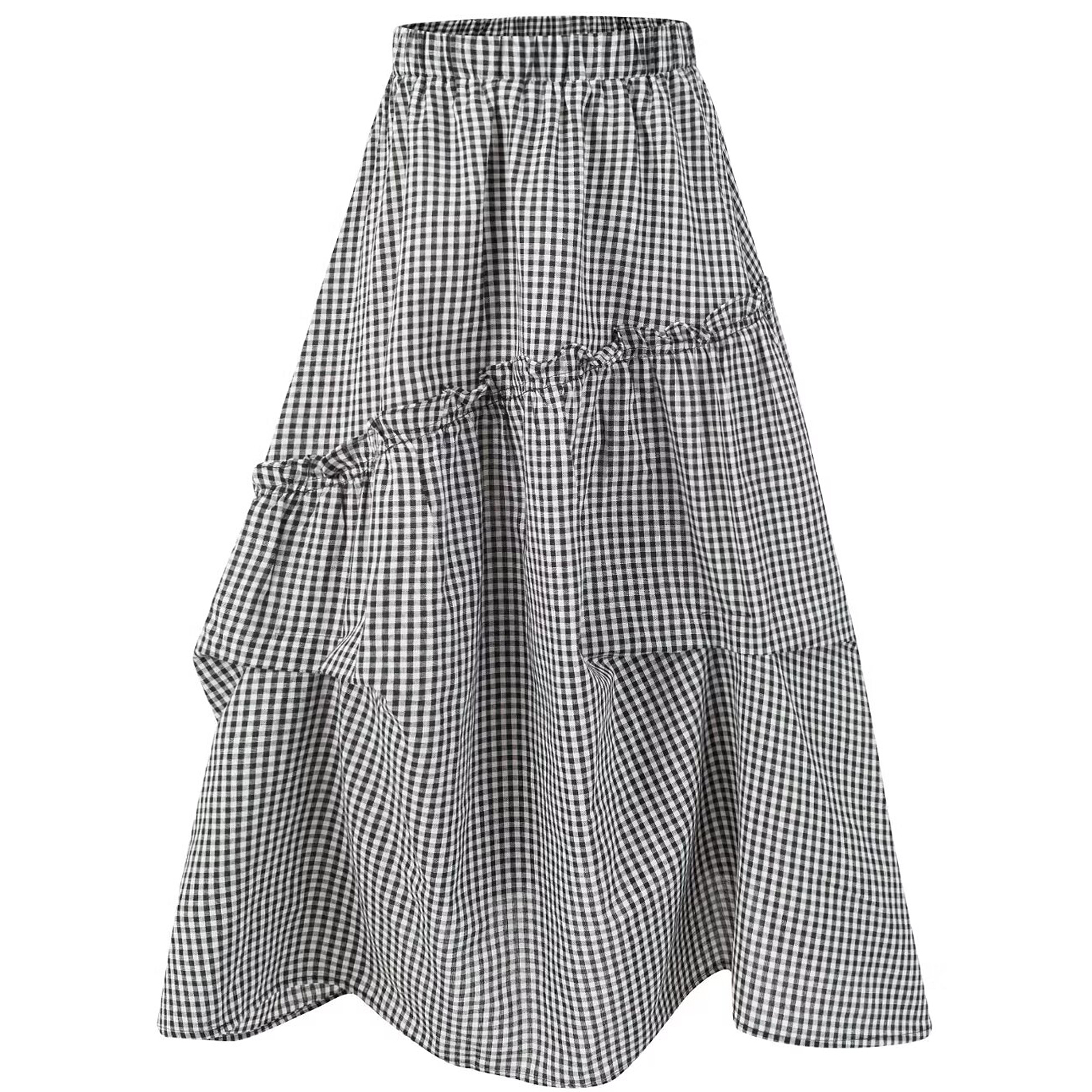 2025 Summer Ruffled Spliced Plaid Mid-Length Skirt with Elastic Waist for Women - Trendy Casual Fashion 2025 Summer Ruffled Spliced Plaid Mid-Length Skirt with Elastic Waist for Women - Trendy Casual Fashion
