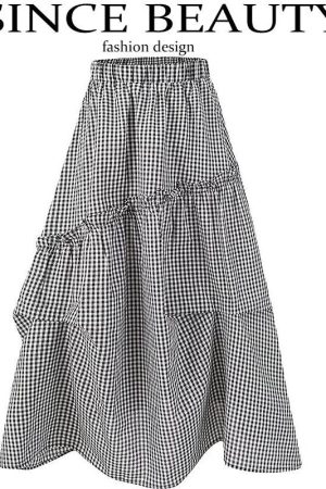 2025 Summer Ruffled Spliced Plaid Mid-Length Skirt with Elastic Waist for Women - Trendy Casual Fashion