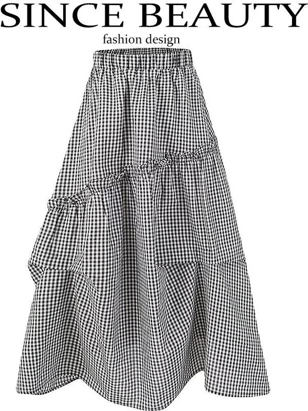 2025 Summer Ruffled Spliced Plaid Mid-Length Skirt with Elastic Waist for Women - Trendy Casual Fashion 2025 Summer Ruffled Spliced Plaid Mid-Length Skirt with Elastic Waist for Women - Trendy Casual Fashion