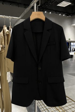 2025 Summer Thin Black Slim Short Sleeve Blazer Jacket for Women - Elegant Hepburn Style Formal Suit Jacket