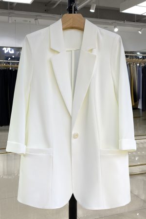 2025 Summer Thin Draped White Blazer for Women, Casual Professional One-Button Suit, Chic Office Wear