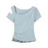 2025 Summer Women's Blue Off-Shoulder T-Shirt - Unique Short Sleeve Top, Trendy Casual Wear, Y2K Style
