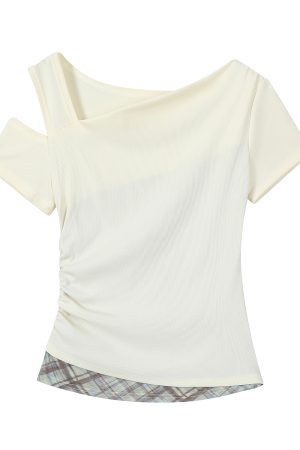 2025 Summer Women's Blue Off-Shoulder T-Shirt - Unique Short Sleeve Top, Trendy Casual Wear, Y2K Style