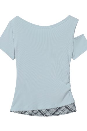 2025 Summer Women's Blue Off-Shoulder T-Shirt - Unique Short Sleeve Top, Trendy Casual Wear, Y2K Style