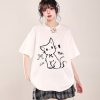 2025 Summer Women's Cartoon Cat Print Round Neck Short Sleeve T-Shirt, Casual Loose Tee, Trendy Y2K Style