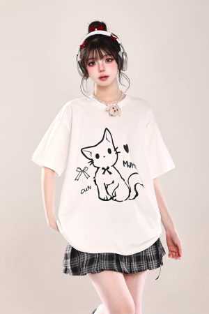 2025 Summer Women's Cartoon Cat Print Round Neck Short Sleeve T-Shirt, Casual Loose Tee, Trendy Y2K Style