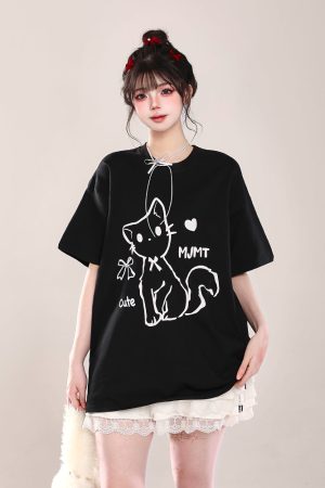 2025 Summer Women's Cartoon Cat Print Round Neck Short Sleeve T-Shirt, Casual Loose Tee, Trendy Y2K Style