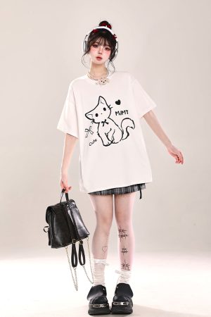 2025 Summer Women's Cartoon Cat Print Round Neck Short Sleeve T-Shirt, Casual Loose Tee, Trendy Y2K Style