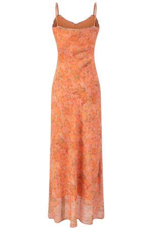 2025 Summer Women's Floral Spaghetti Strap Dress - French Style Vacation Long Orange Dress for Effortless Elegance