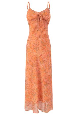 2025 Summer Women's Floral Spaghetti Strap Dress - French Style Vacation Long Orange Dress for Effortless Elegance