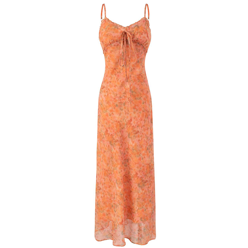 2025 Summer Women's Floral Spaghetti Strap Dress - French Style Vacation Long Orange Dress for Effortless Elegance 2025 Summer Women's Floral Spaghetti Strap Dress - French Style Vacation Long Orange Dress for Effortless Elegance